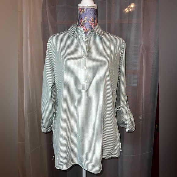 White and Sage Green Striped Collar Shirt - Picture 1 of 10